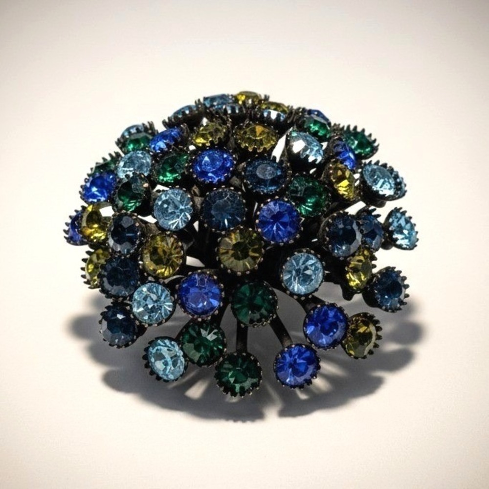 Vtg Rhinestone Brooch Dome Cluster Japanned Peacock Blue Green Statement 2" Pin